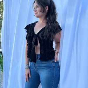 NWT Ruffle Cap Sleeve Bowknot Semi Sheer Top Blouse